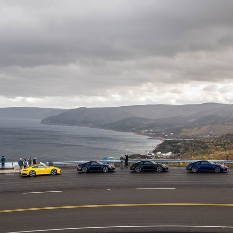 Four Porsche standing in front of the sea on a cloudy day