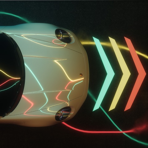 Bird’s eye view of digital 911 Carrera – three coloured arrows in front of