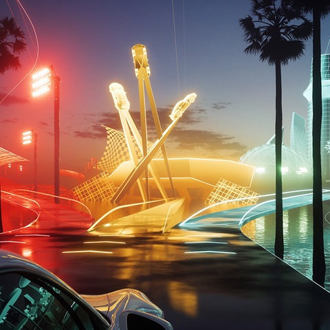 Colourful digital art featuring three pathways and Porsche 911