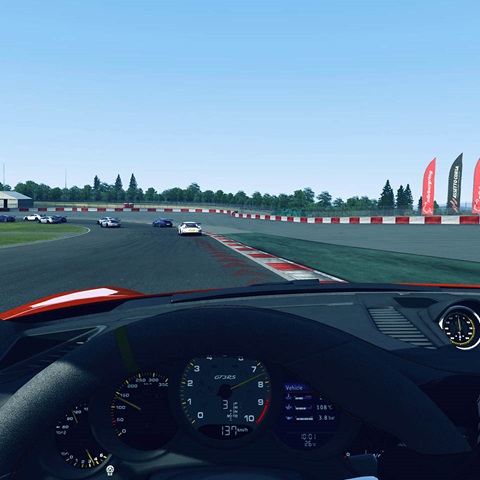 View of the race track from the virtual GT3 cockpit