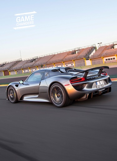Rear three-quarters view of Porsche 918 on a racetrack
